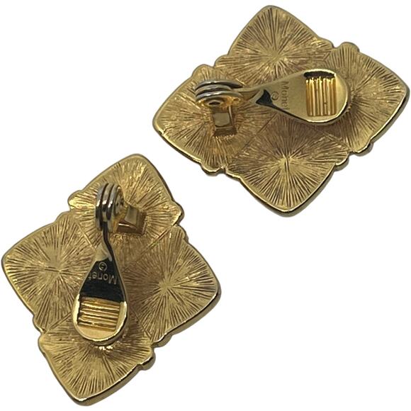 Vintage Monet Gold Clip-On Earrings with Green & Blue Enamel Diamond Shape 1980s - Picture 8 of 9